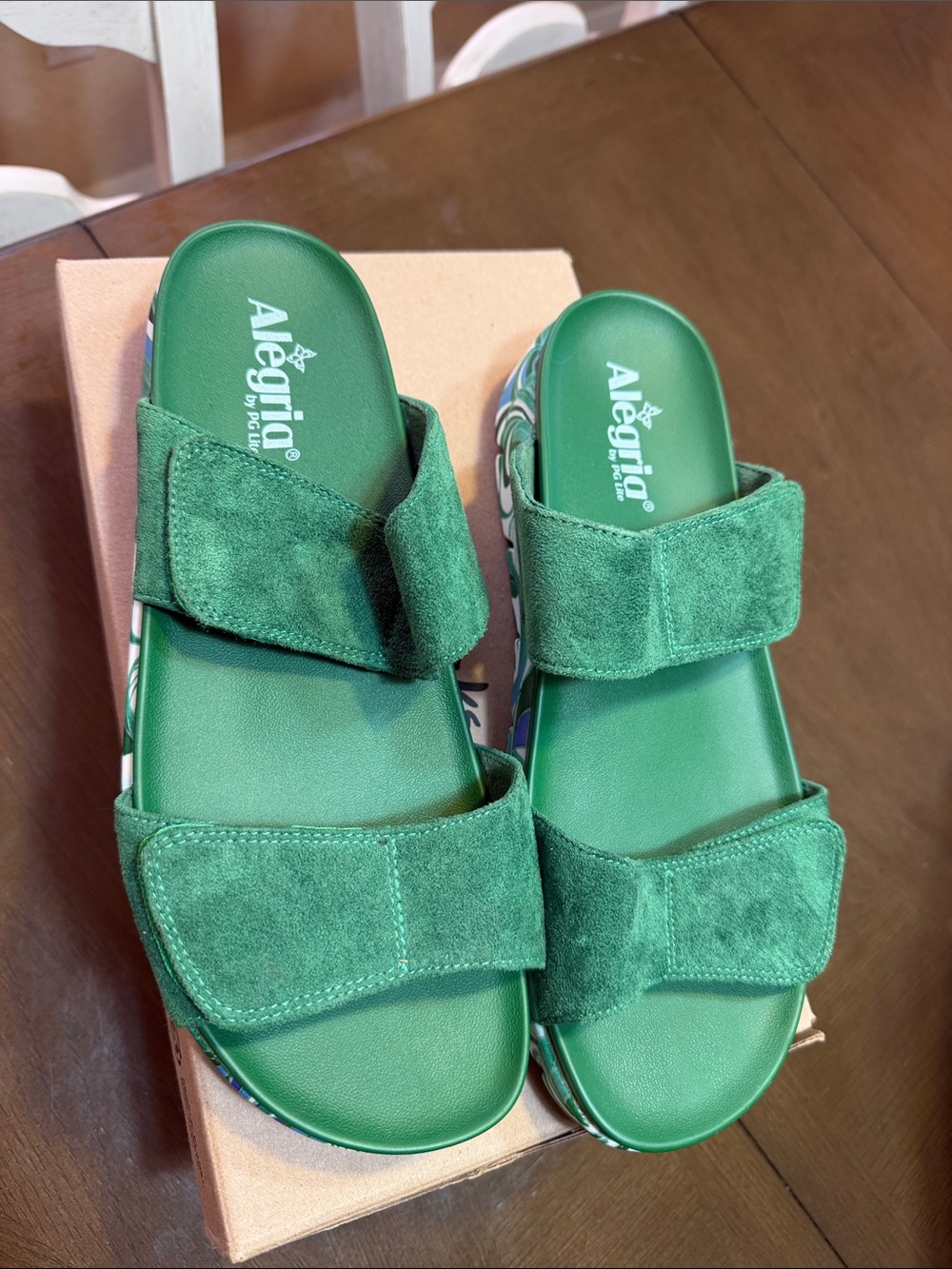 Alegria Green Suede Double-Strap Slide Sandals